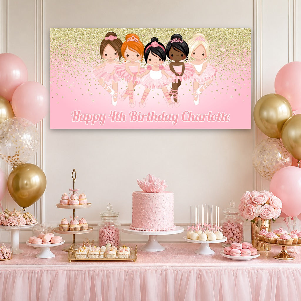 Pink and gold ballerina birthday dessert table with Charlotte's personalised banner, pink cake, balloons, flowers and matching ballet decorations.