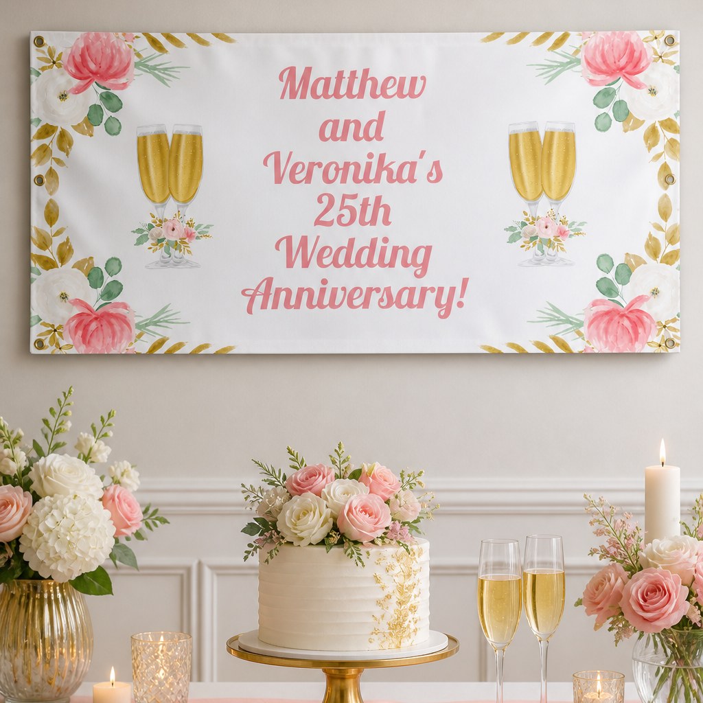 Pink and gold floral 25th wedding anniversary setup with Matthew and Veronika's personalised banner and cake