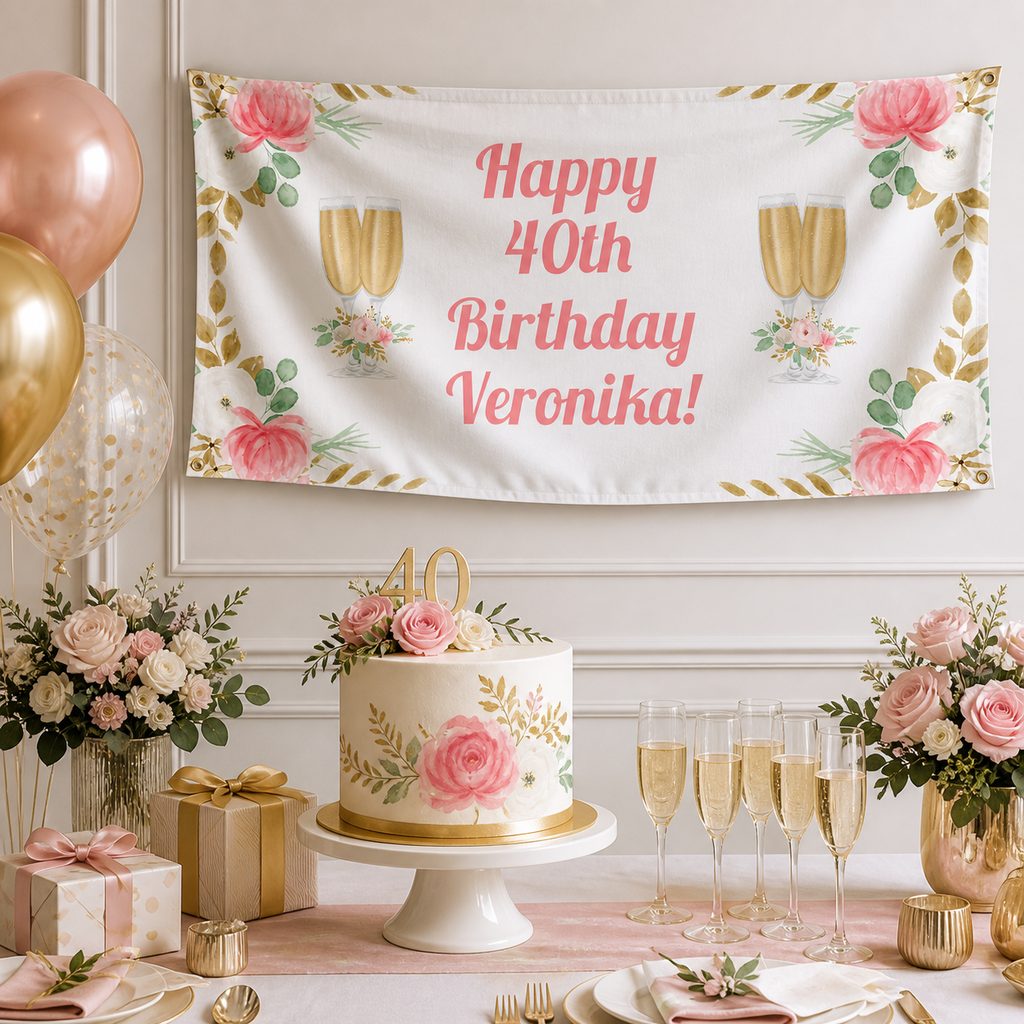 Pink and gold floral 40th birthday setup with Veronika's personalised banner, champagne and matching cake