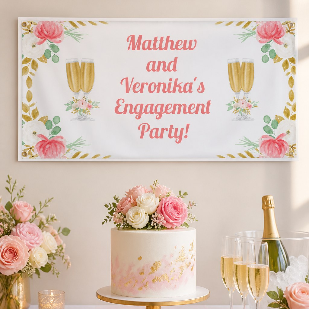Pink and gold floral engagement setup with Matthew and Veronika's personalised banner and matching cake
