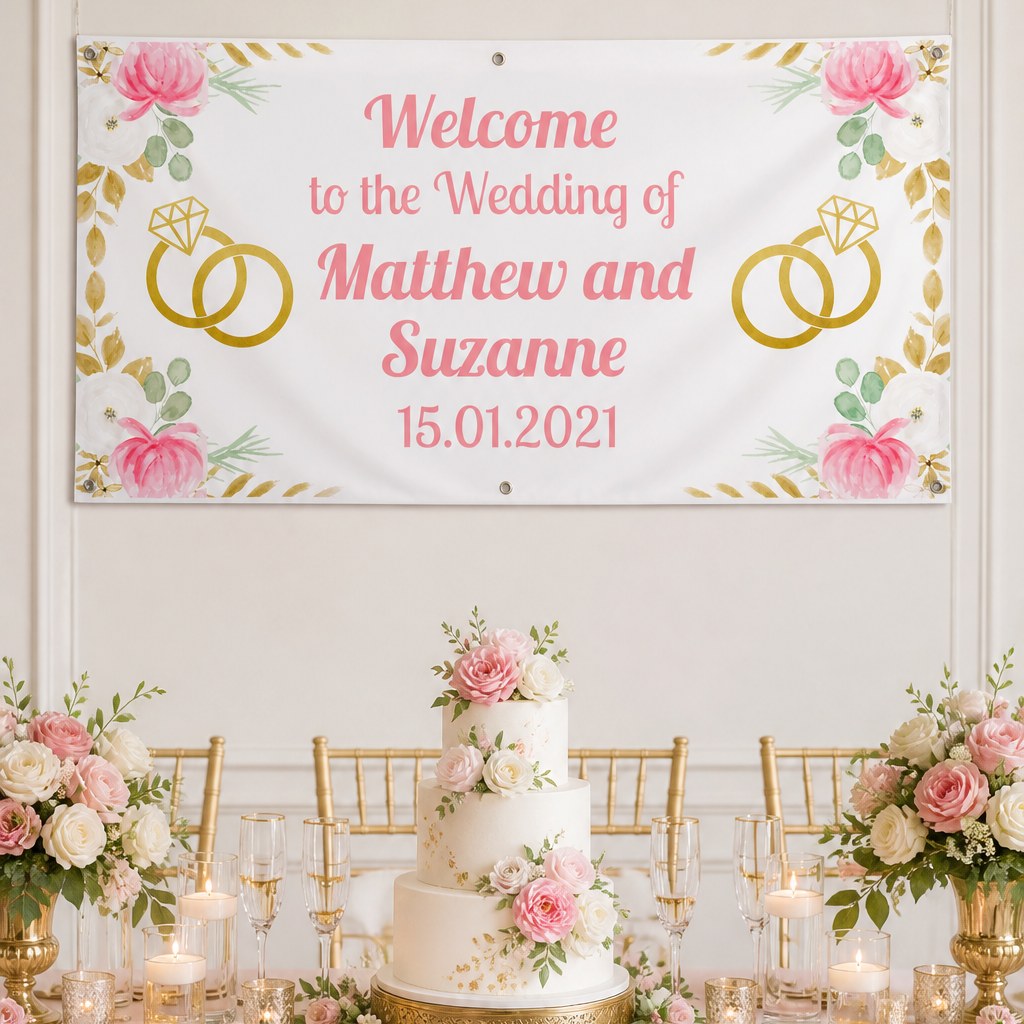Pink and gold floral wedding reception setup with Matthew and Suzanne's personalised banner and wedding cake