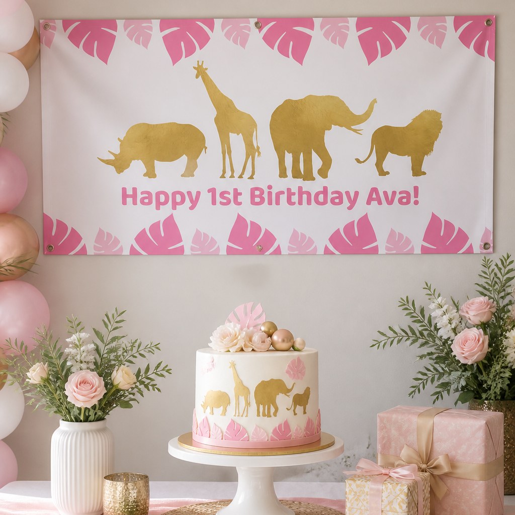 Pink and gold safari animals first birthday setup with Ava's personalised banner and matching cake