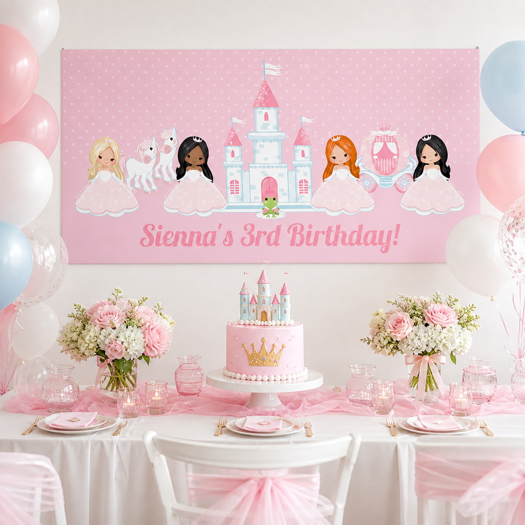 Personalised pink princess 3rd birthday decorations with Sienna's castle banner and matching cake