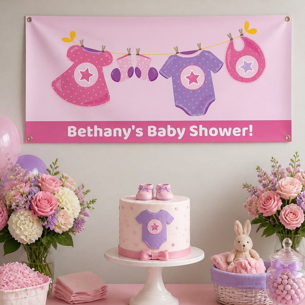 Pink and purple onesie baby shower setup with Bethany's personalised banner and matching cake