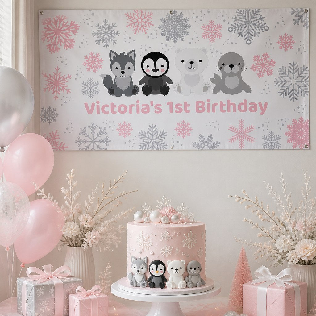 Pink and silver arctic animals first birthday setup with Victoria's personalised banner and matching cake