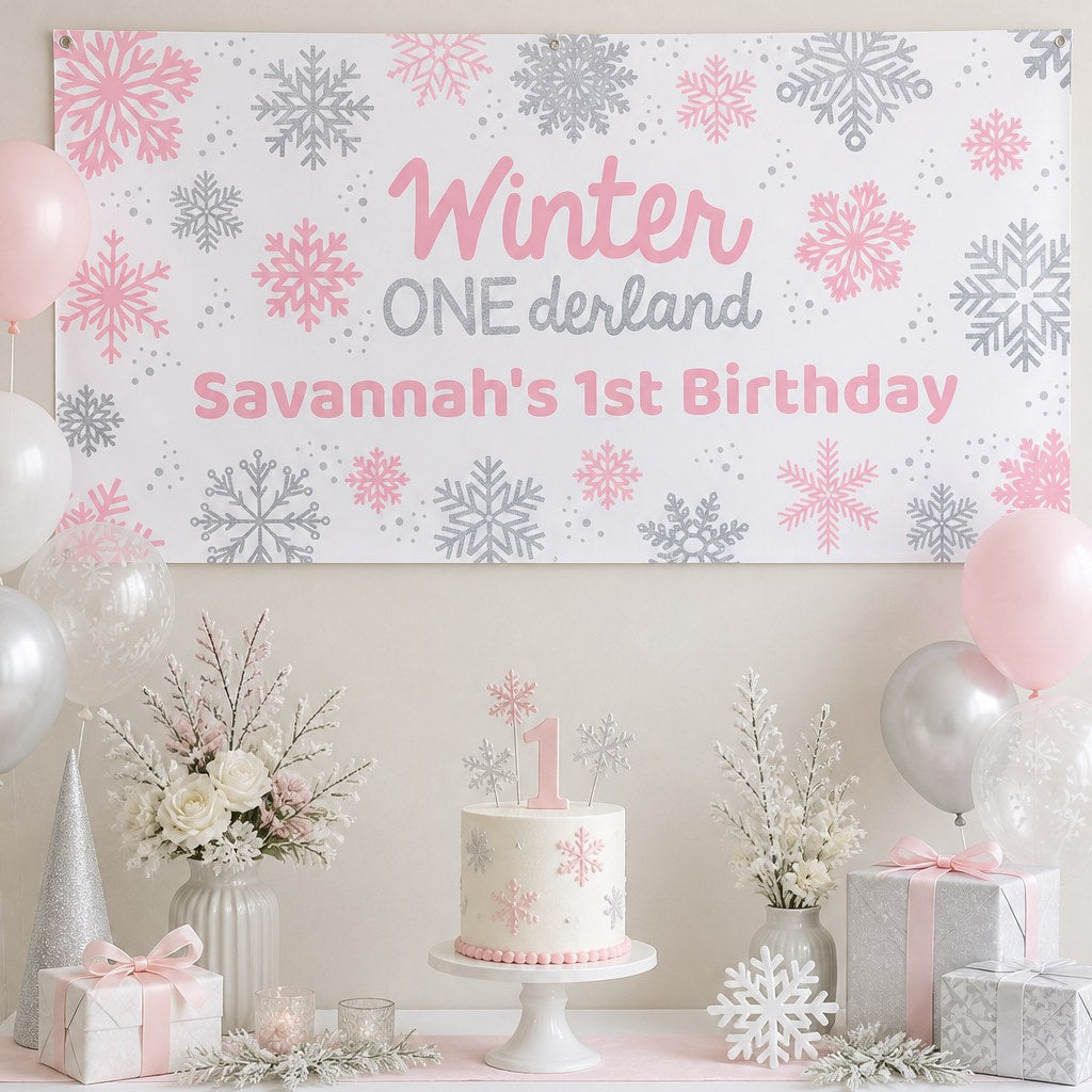 Pink and silver Winter ONEderland first birthday setup with Savannah's personalised banner and matching cake