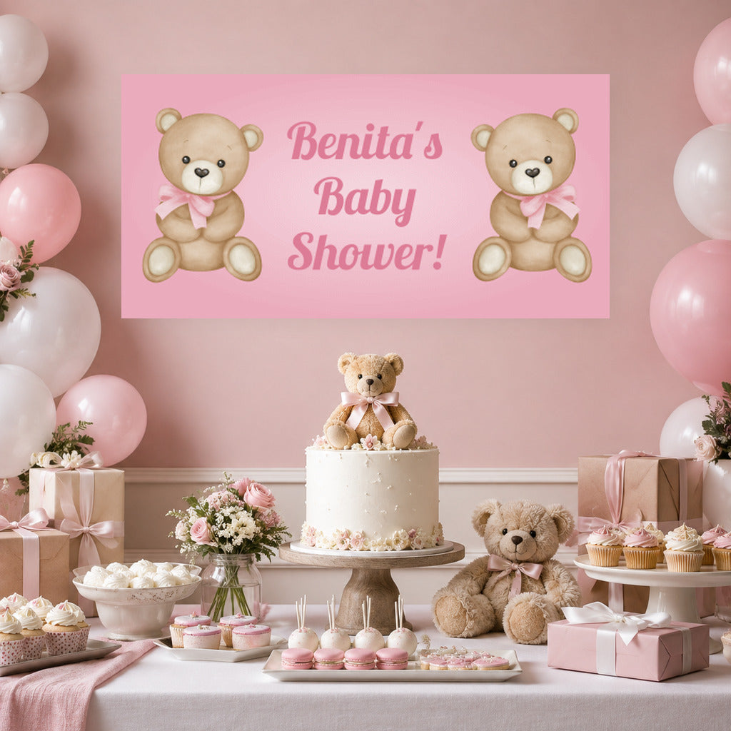 Pink teddy bear baby shower dessert table with Benita's personalised banner, cake, pink balloons and matching decorations.