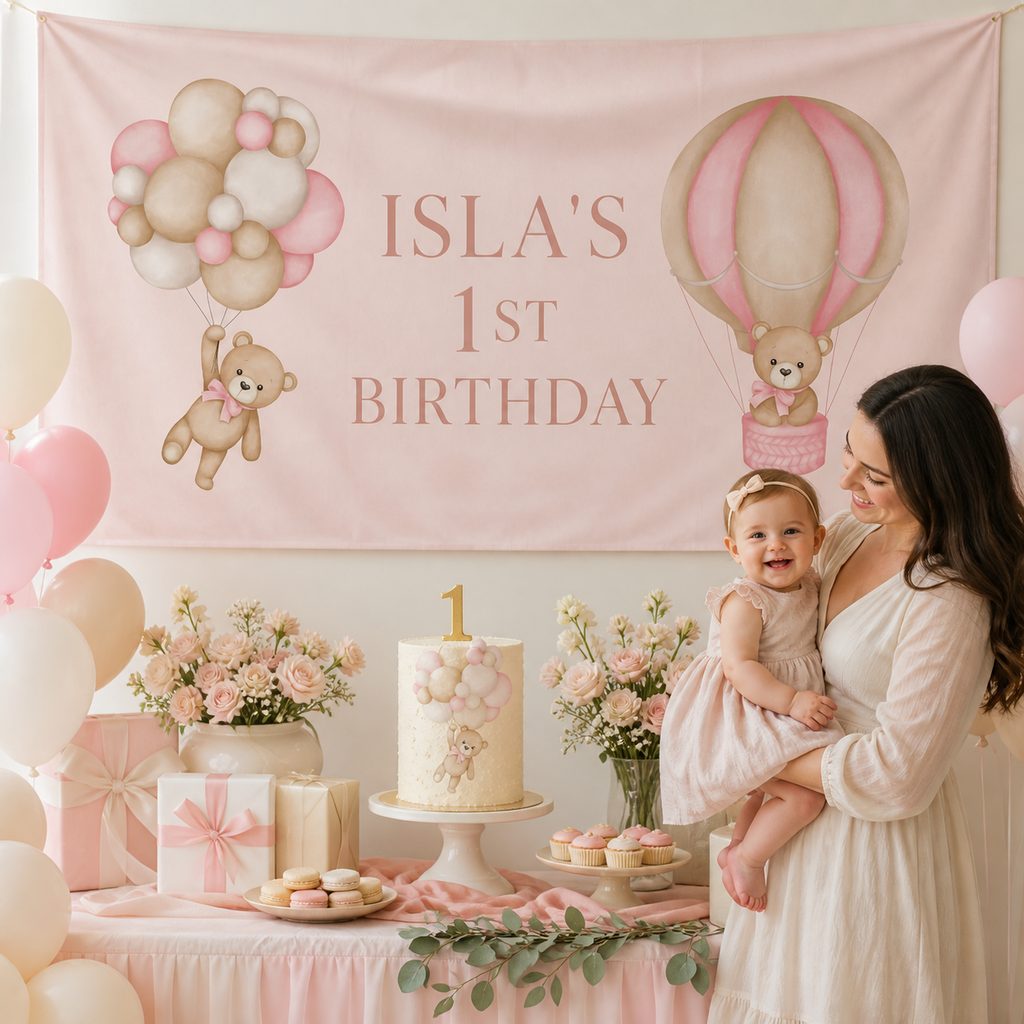 Personalised pink teddy bear birthday decorations with Isla's first birthday banner, matching cake and balloons