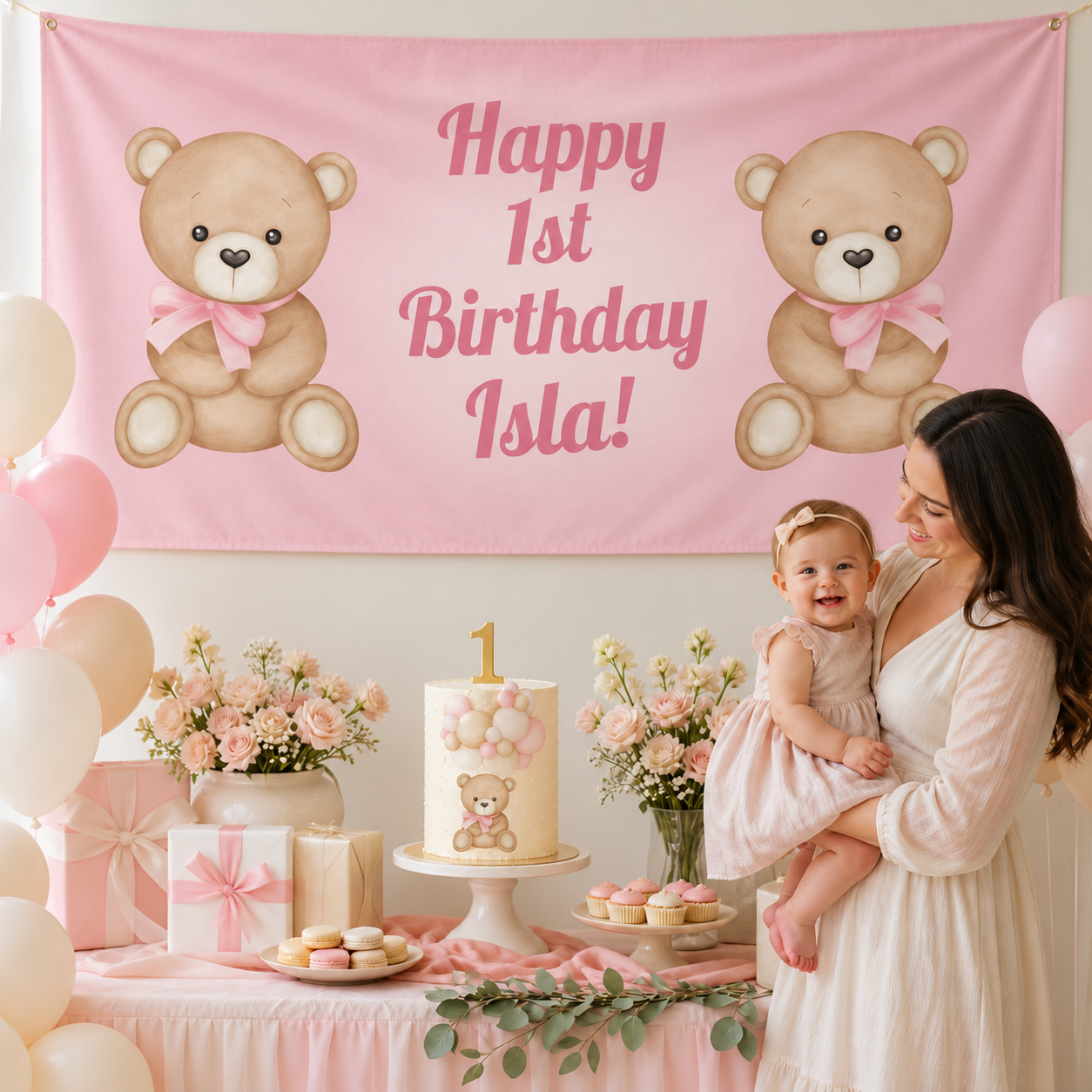 Pink teddy bear first birthday party setup with a personalised Isla banner featuring seated vintage bears with pink bows