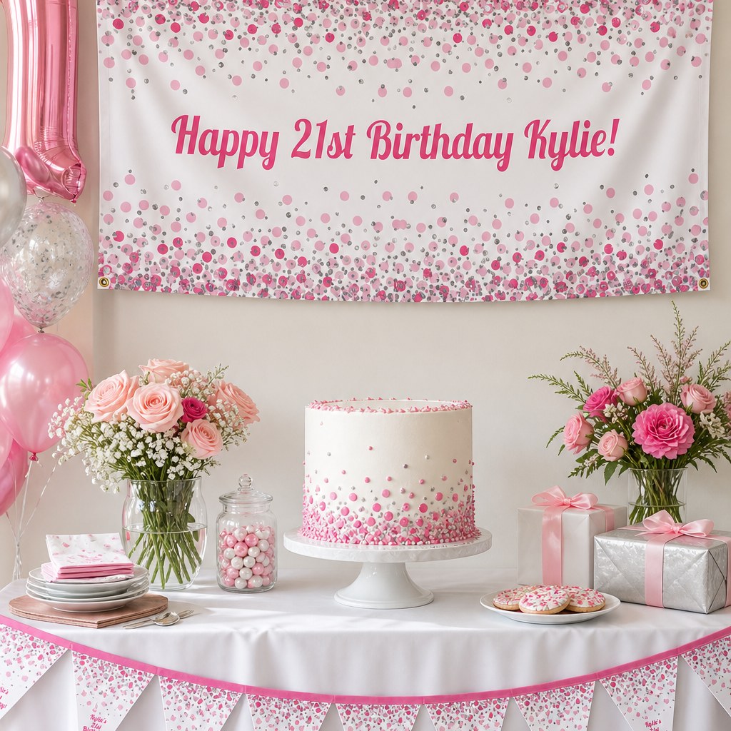 Pink and white confetti 21st birthday setup with Kylie's personalised banner and matching cake