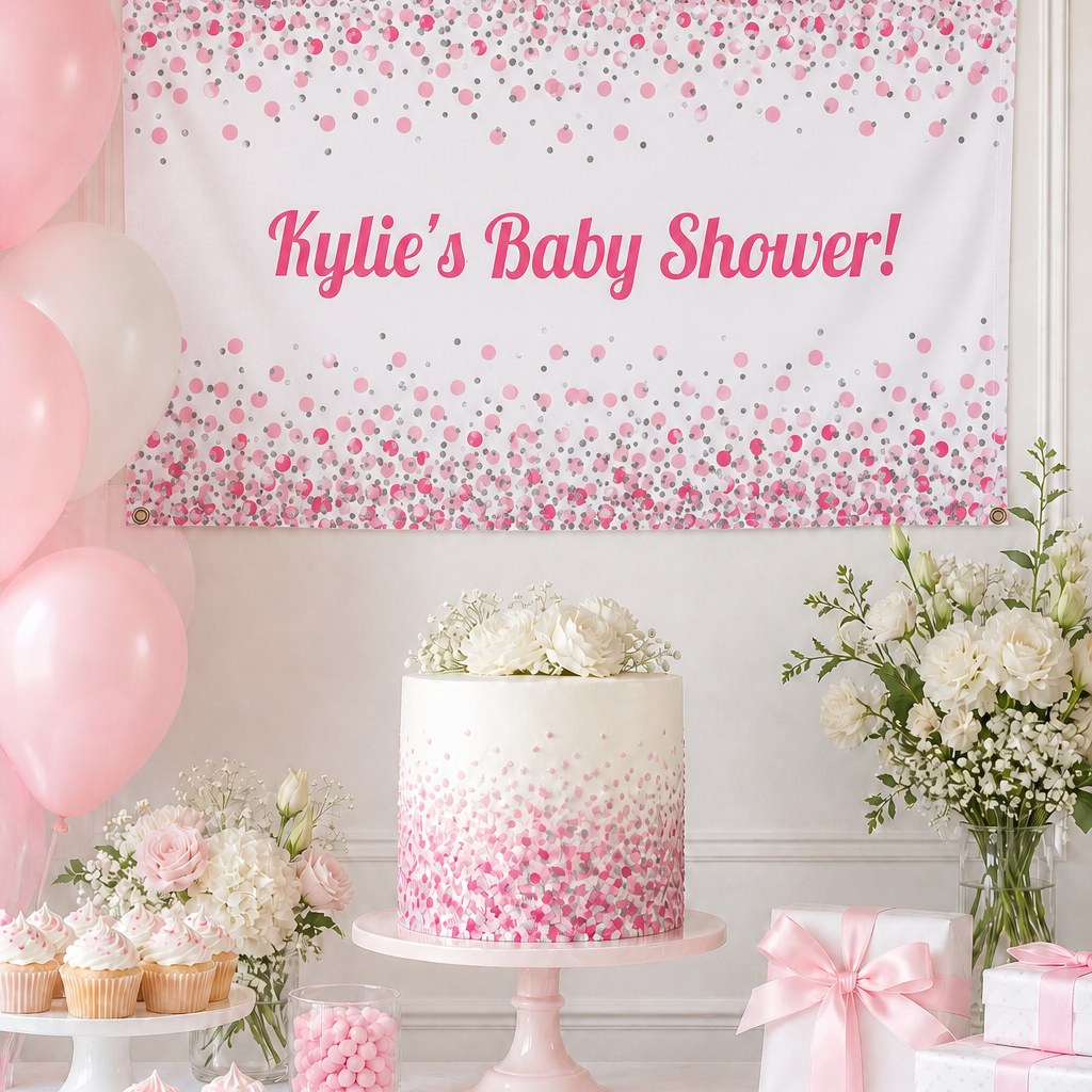 Pink and white confetti baby shower setup with Kylie's personalised banner and matching cake
