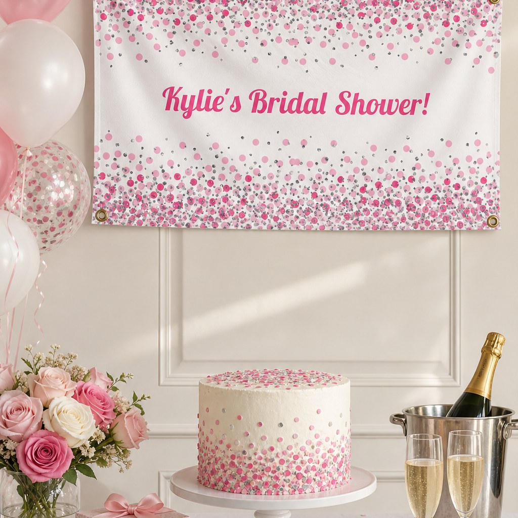 Pink and white confetti bridal shower setup with Kylie's personalised banner and matching cake