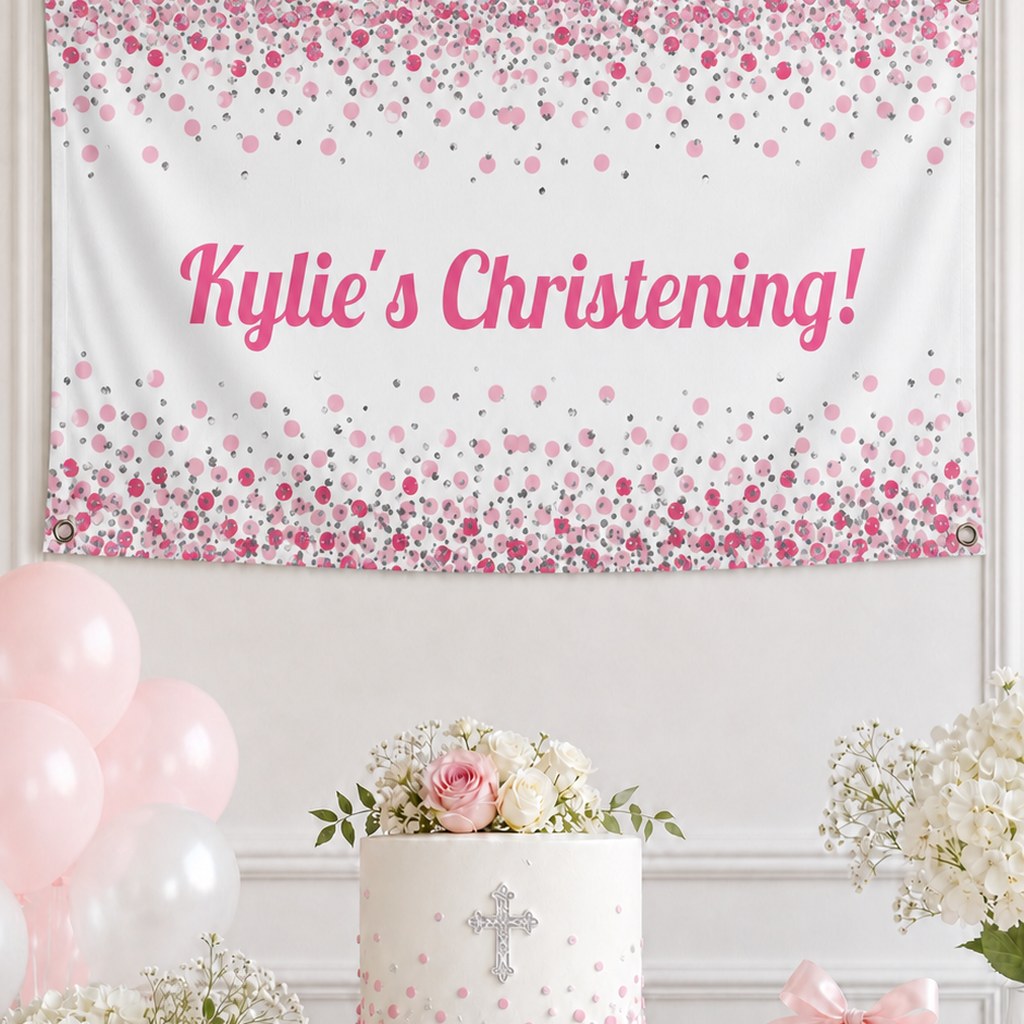 Pink and white confetti christening setup with Kylie's personalised banner and matching cross cake