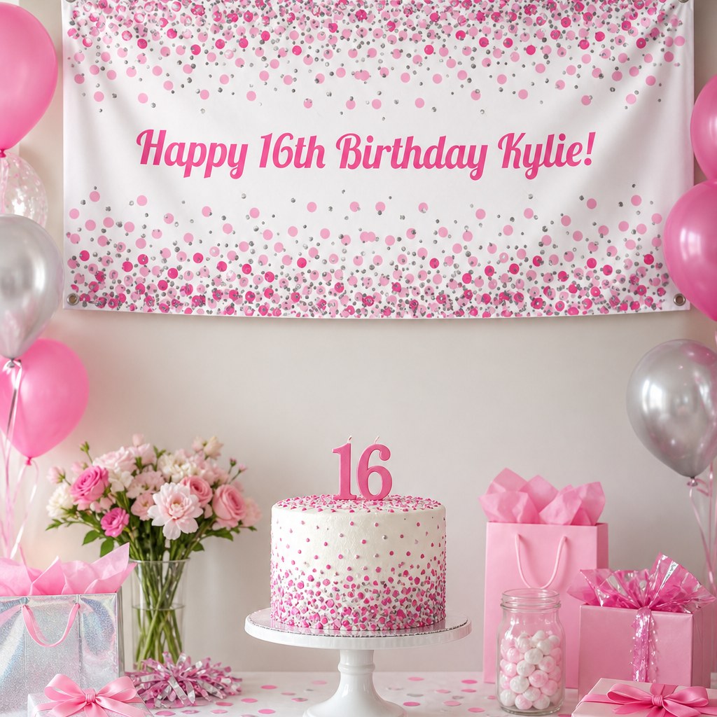 Pink and white confetti 16th birthday setup with Kylie's personalised banner and matching cake