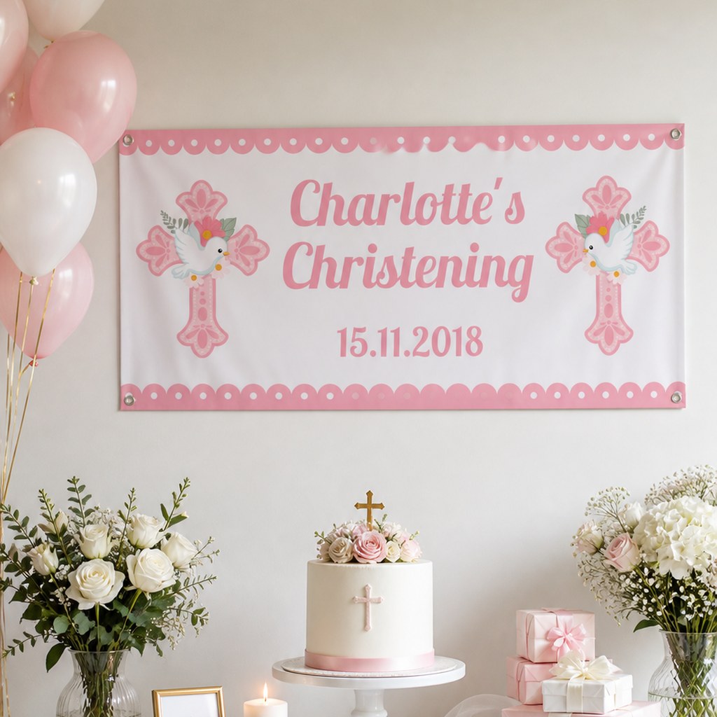 Personalised pink and white dove christening setup with a custom banner, floral cake and soft pink decorations