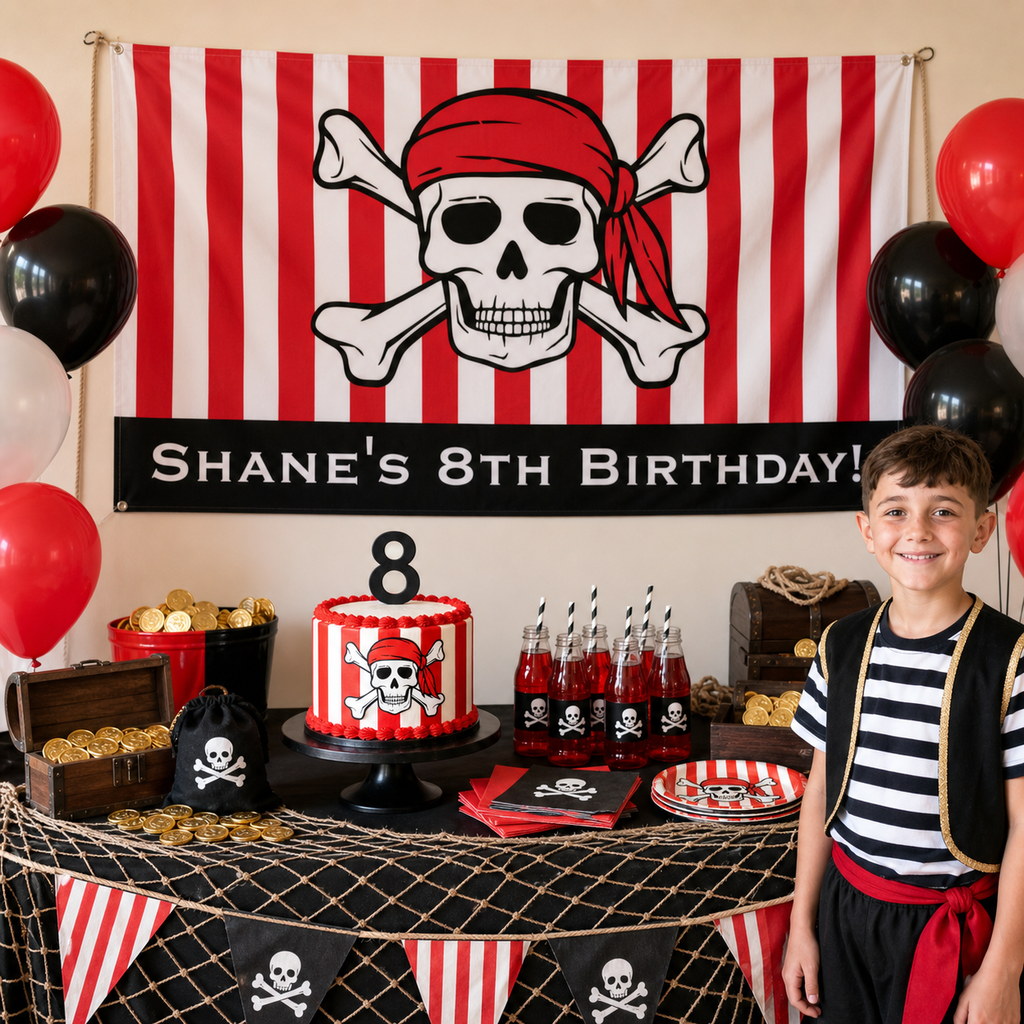 Personalised pirate skull birthday decorations with Shane's striped 8th birthday banner and matching cake
