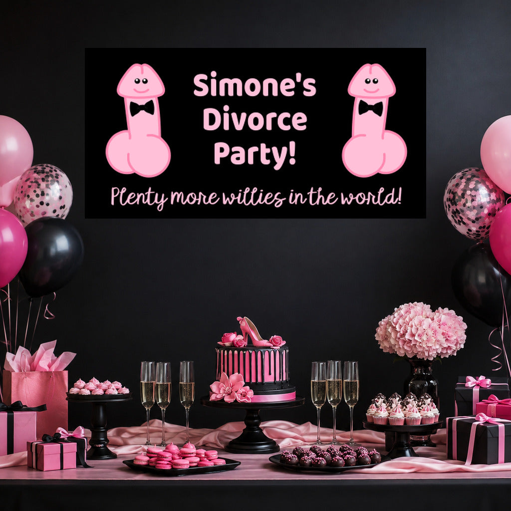 Plenty More Willies divorce party dessert table with Simone's personalised black and pink banner, cake, balloons, flowers and matching decorations.