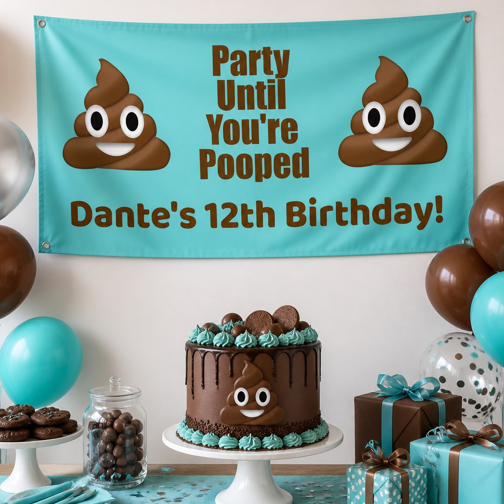 Poop emoji 12th birthday setup with Dante's personalised aqua banner and matching chocolate cake