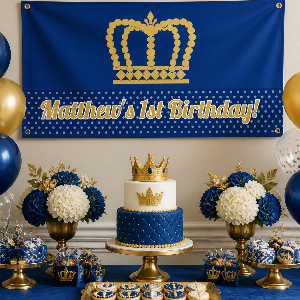 Prince Crowns first birthday setup with Matthew's personalised navy and gold banner and matching cake
