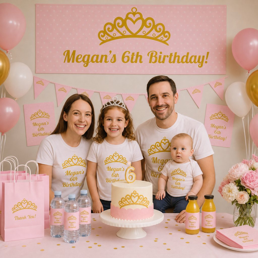 Custom princess tiara birthday setup with a personalised pink banner and coordinated decorations