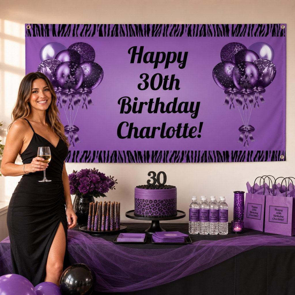 Personalised purple and black balloon 30th birthday decorations with Charlotte's banner and matching cake