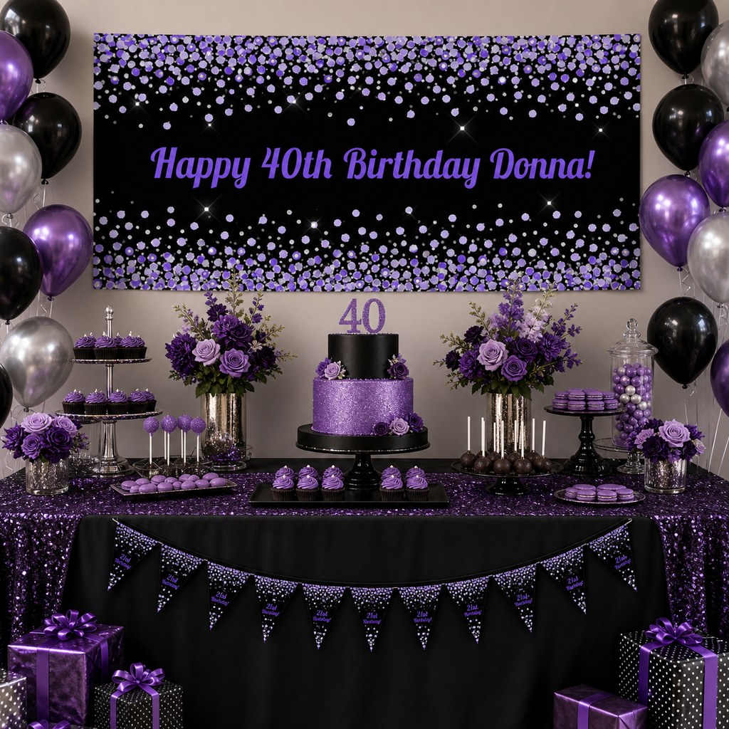 Purple, black and silver 40th birthday dessert table with personalised confetti banner, cake, balloons and party decorations.