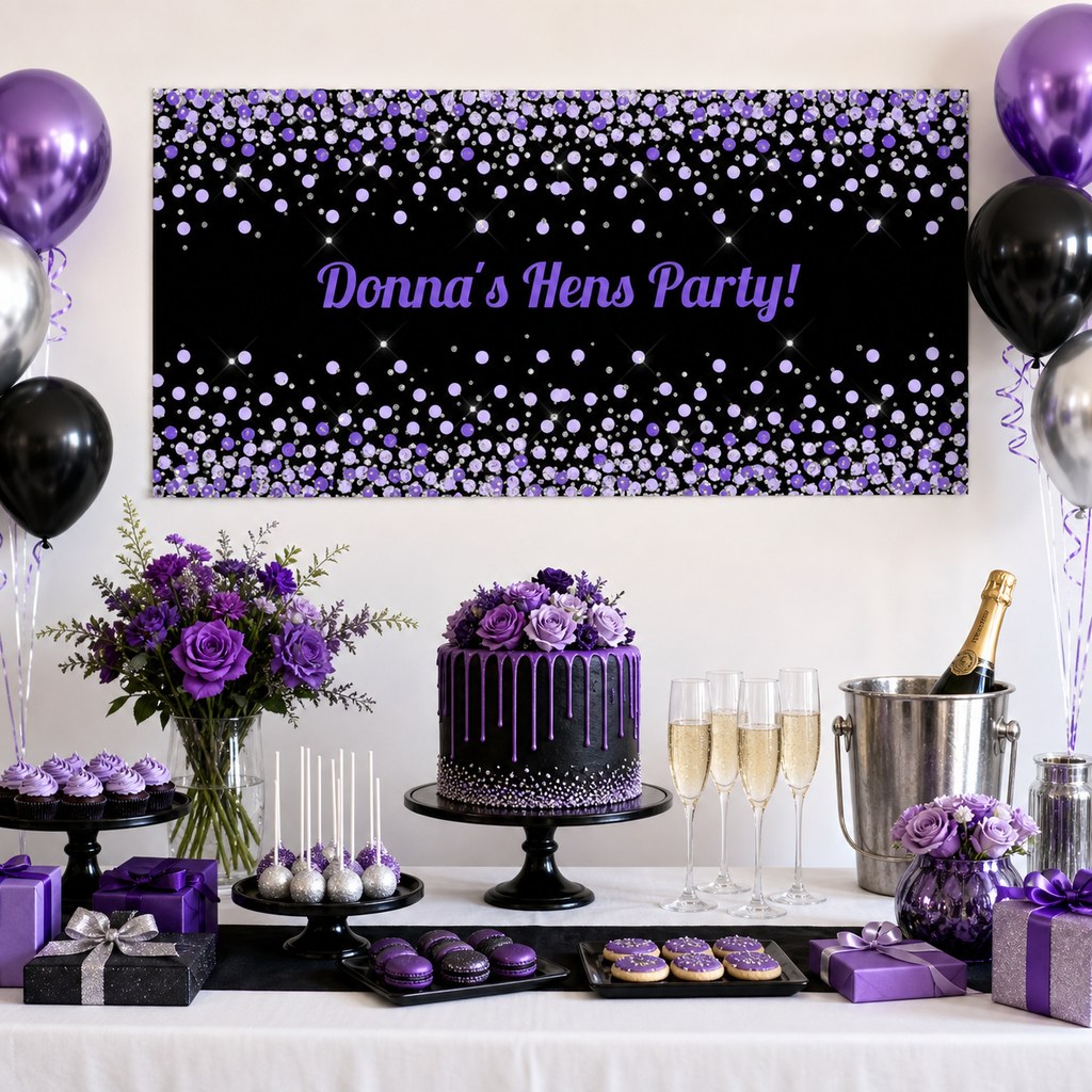 Purple, black and silver hens party table with Donna's personalised confetti banner, cake, flowers and balloons.