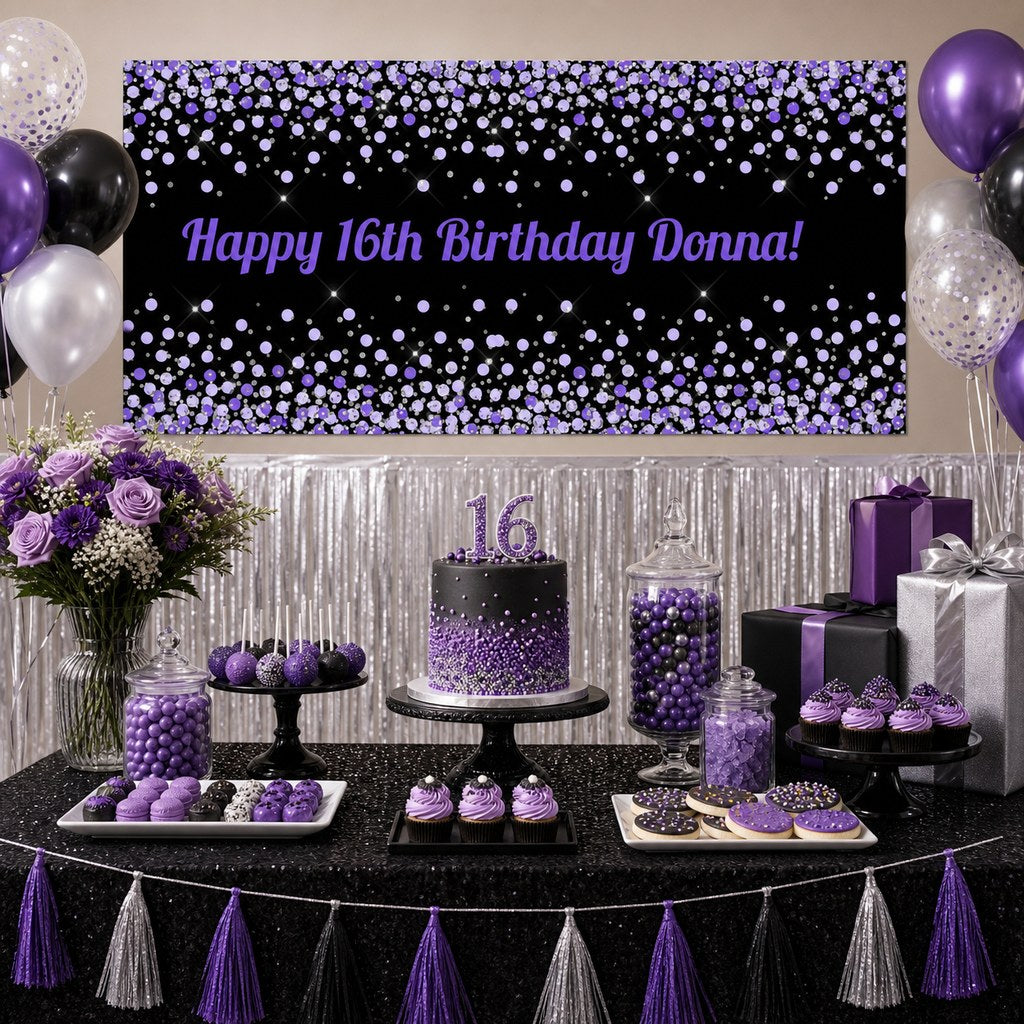 Purple, black and silver 16th birthday dessert table with personalised confetti banner, cake, balloons and party decorations.