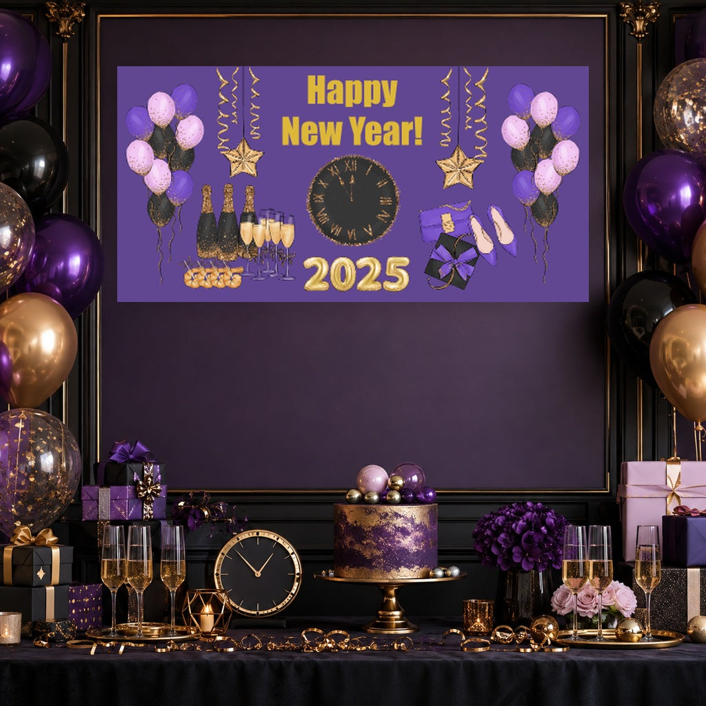 Purple, black and gold New Year dessert table with a Happy New Year 2025 banner, purple cake, balloons, clocks and matching decorations.