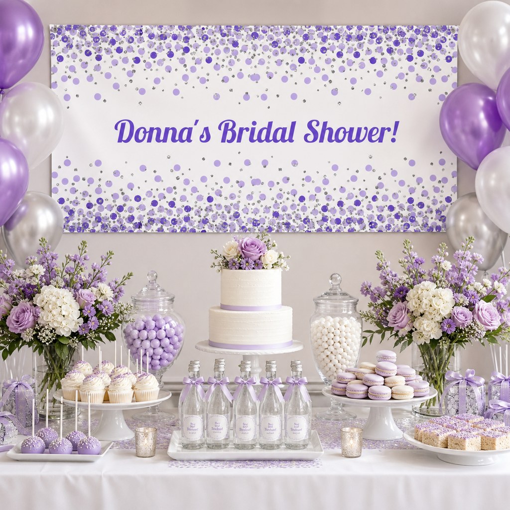 Purple, white and silver bridal shower dessert table with personalised confetti banner, cake, flowers and party decorations.