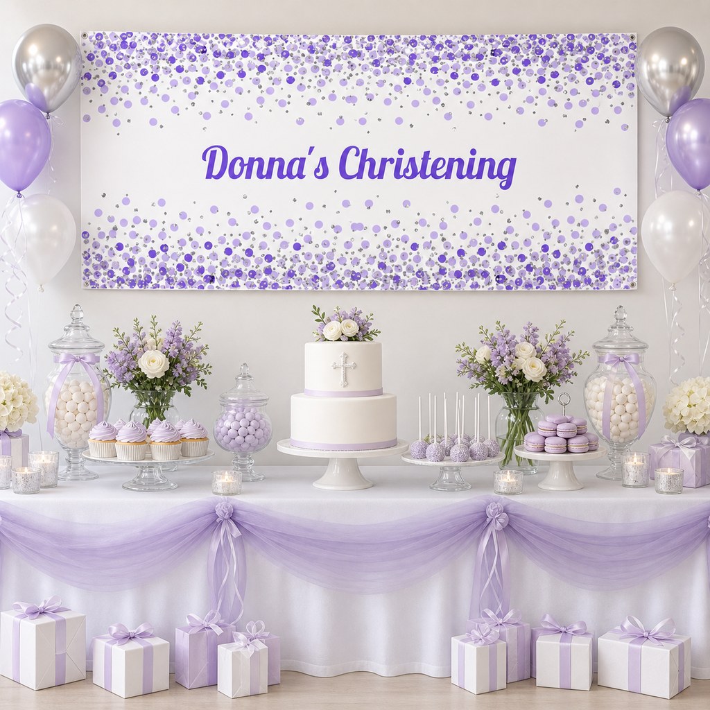 Purple, white and silver christening dessert table with personalised confetti banner, cake, flowers and party decorations.
