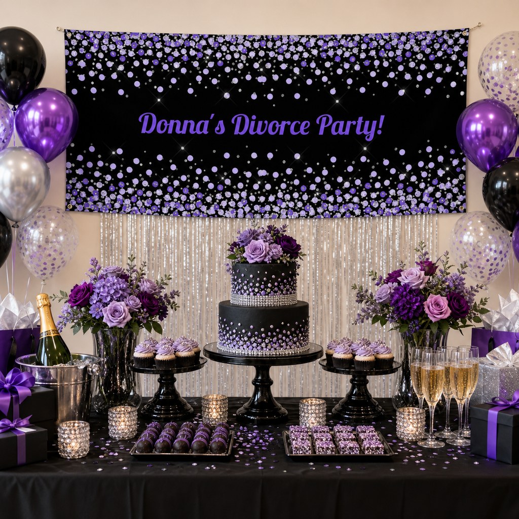 Purple, black and silver divorce party table with Donna's personalised confetti banner, cake, flowers and balloons.