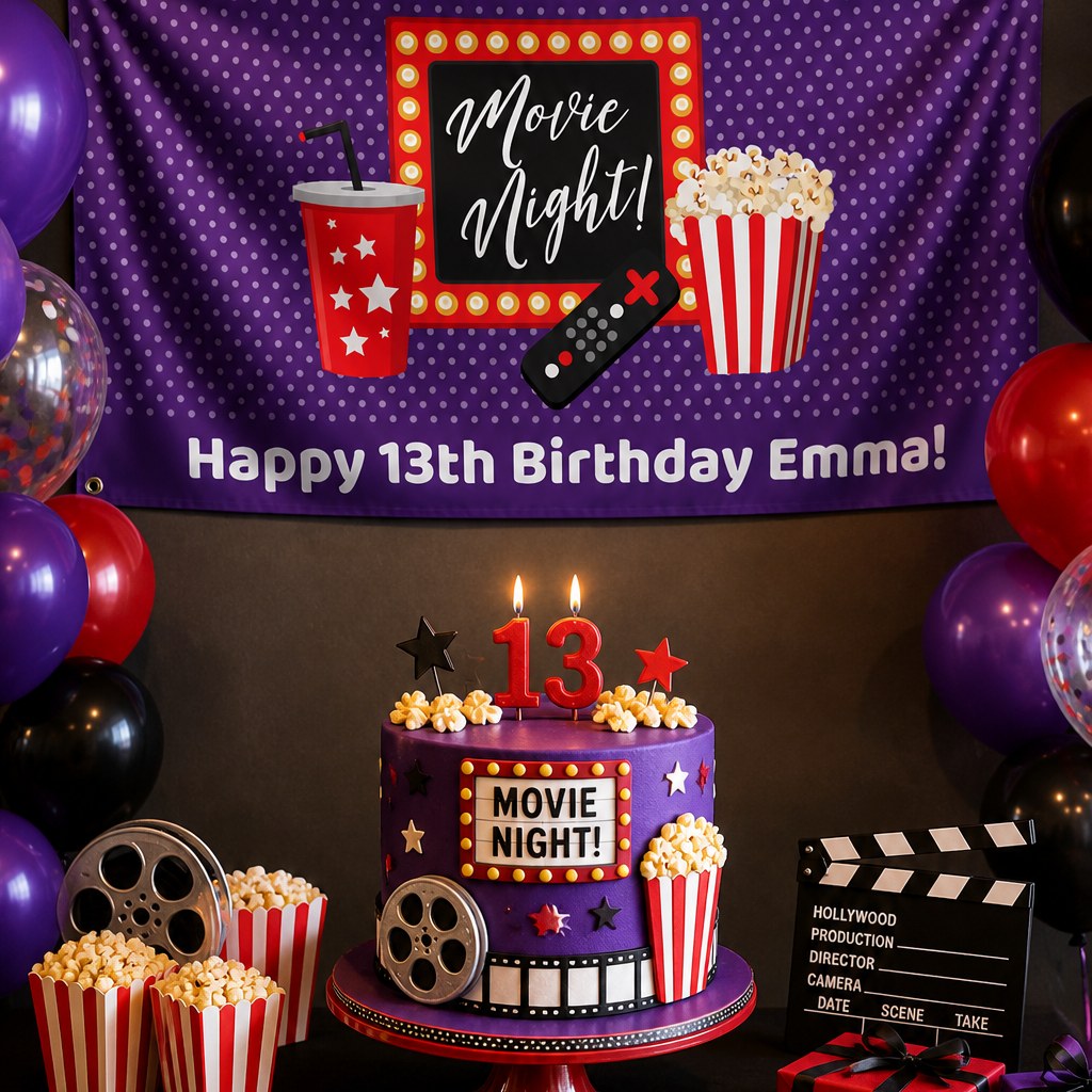 Purple movie night thirteenth birthday setup with Emma's personalised cinema banner and matching cake