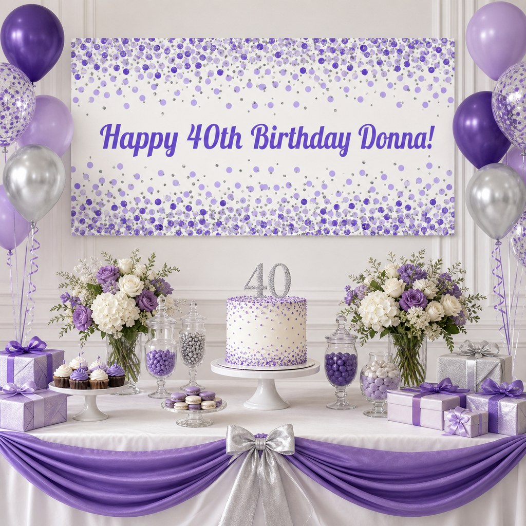 Purple, white and silver 40th birthday dessert table with personalised confetti banner, cake, balloons and party decorations.