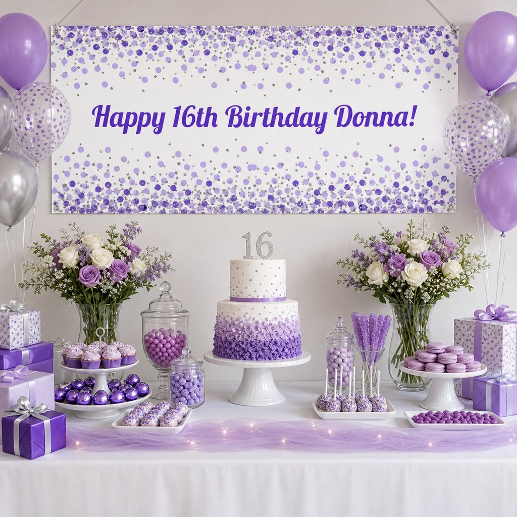 Purple, white and silver 16th birthday dessert table with personalised confetti banner, cake, balloons and party decorations.