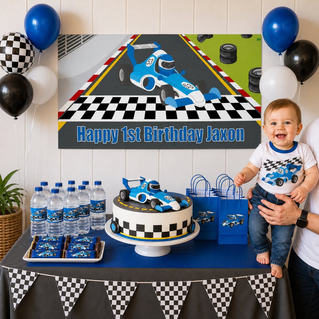 Custom race car first birthday setup with a personalised banner, matching cake and decorations