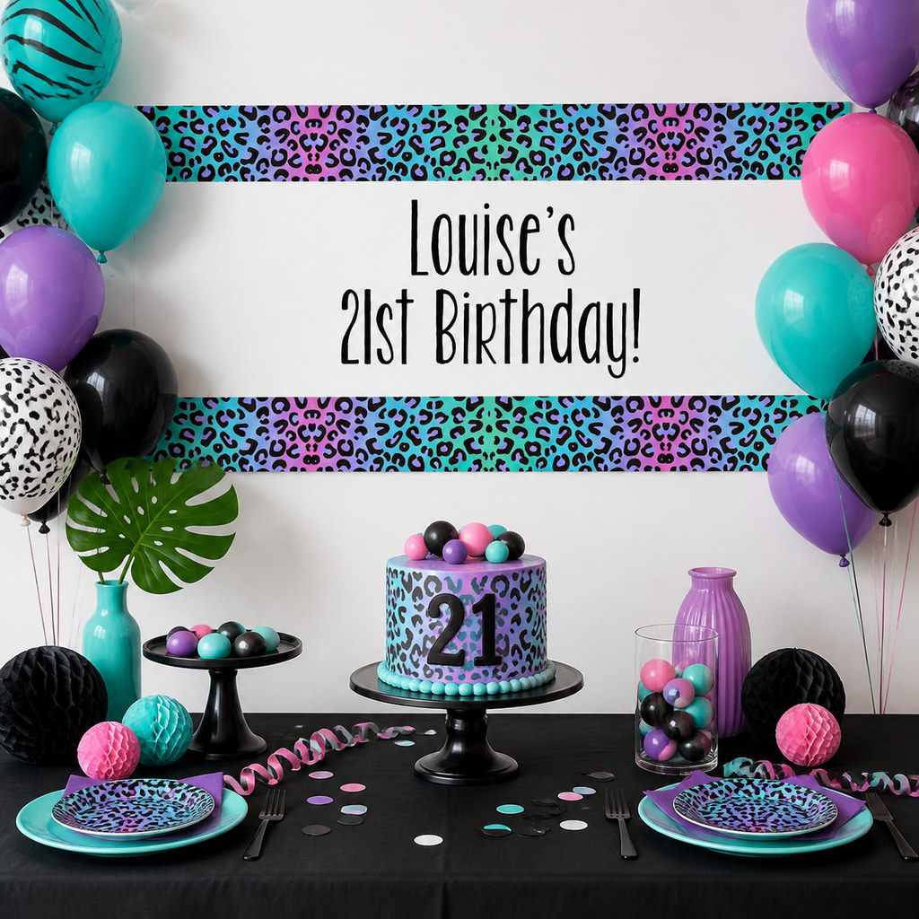 Personalised rainbow animal print 21st birthday decorations with Louise's banner and matching cake