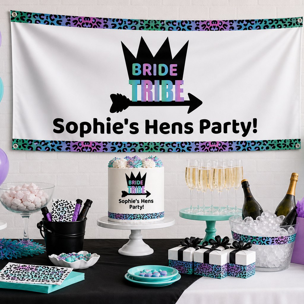Rainbow Bride Tribe hens party decorations with personalised banner and matching cake