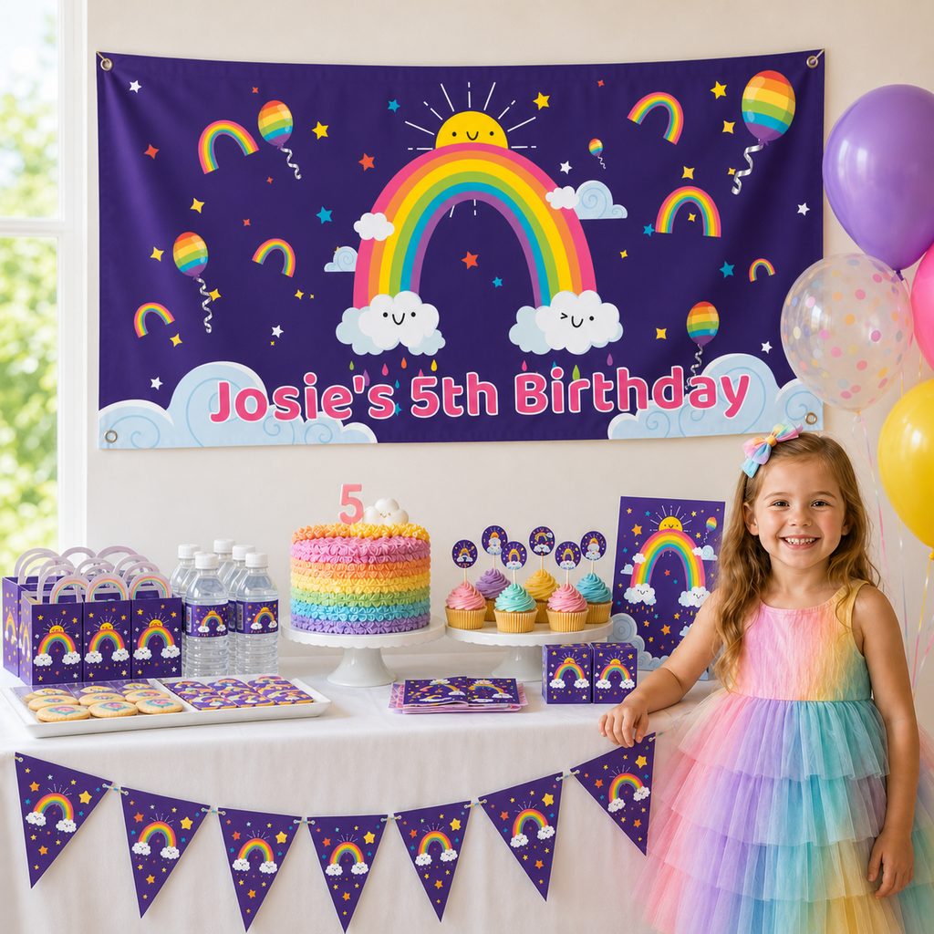 Colourful rainbow birthday party setup with a personalised banner and matching decorations