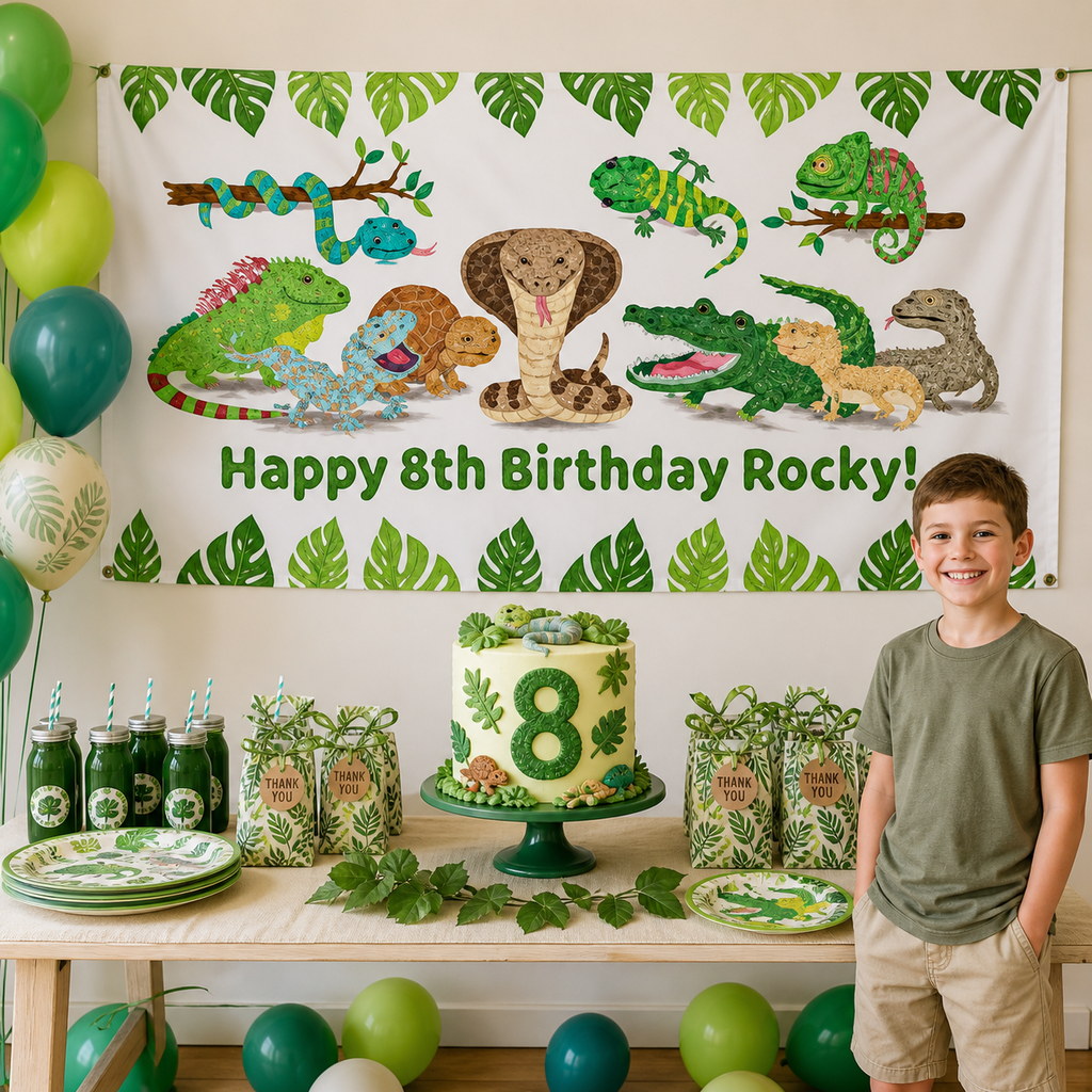 Personalised reptile birthday decorations with Rocky's leafy 8th birthday banner and matching cake