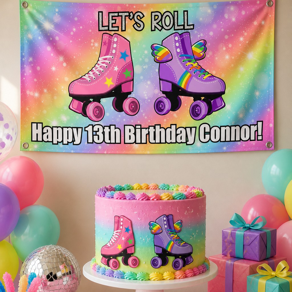 Roller skate thirteenth birthday setup with Connor's personalised rainbow banner and matching cake