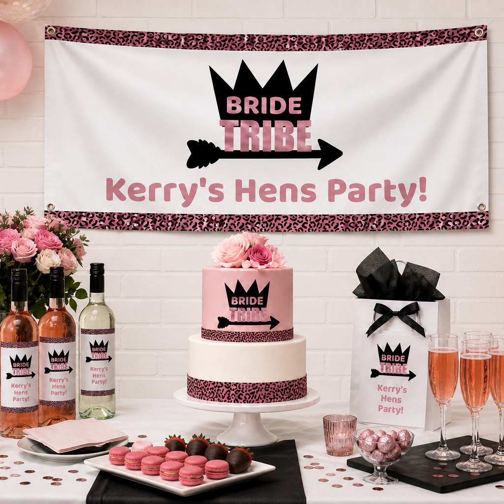 Rose pink Bride Tribe hens party decorations with personalised banner and matching cake