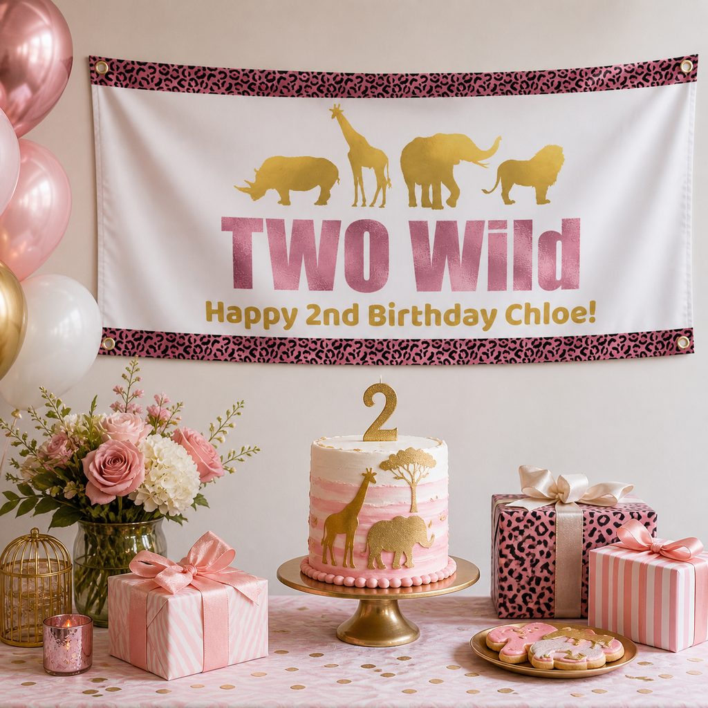 Rose pink and gold Two Wild second birthday setup with Chloe's personalised safari banner and matching cake