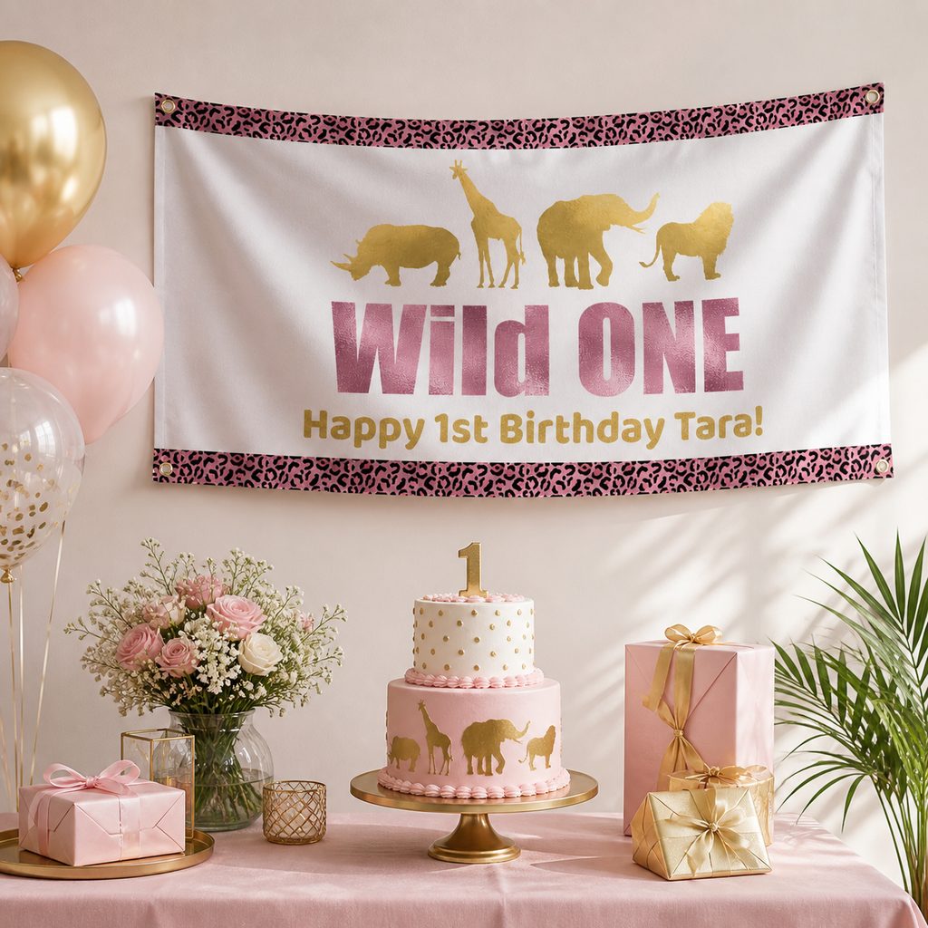 Rose pink and gold Wild One first birthday setup with Tara's personalised safari banner and matching cake