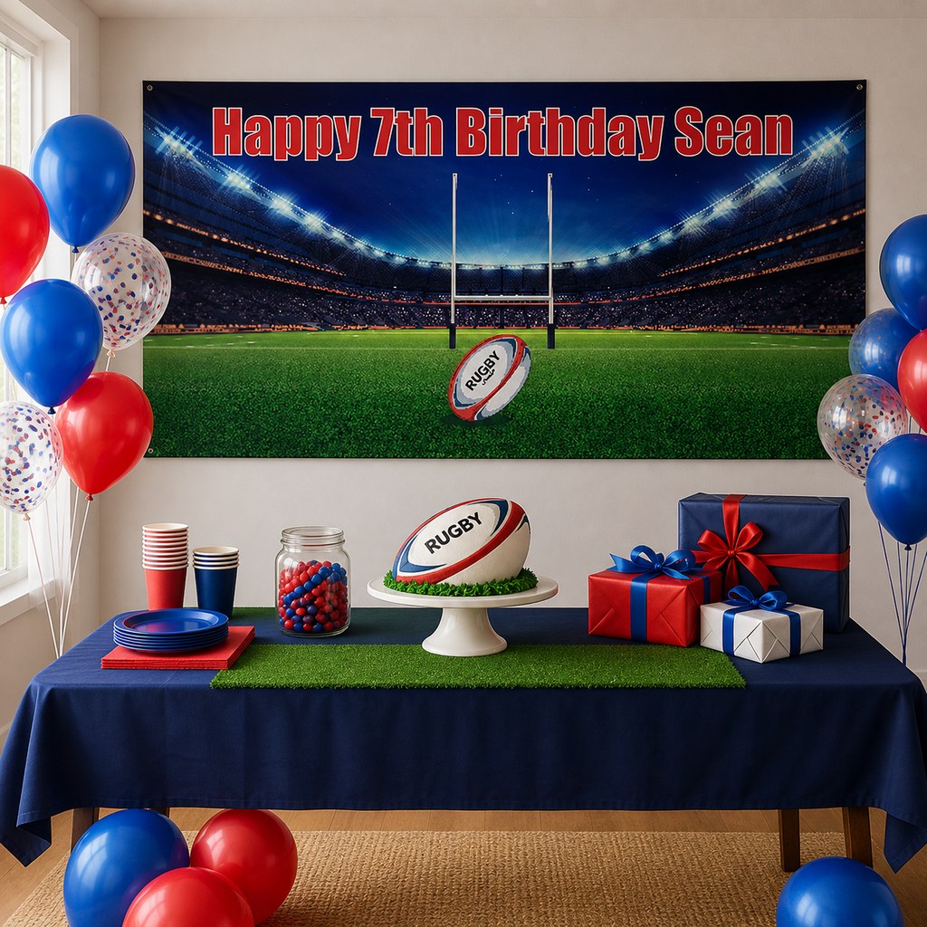 Rugby league birthday party decorations with a personalised Happy 7th Birthday Sean banner and cake