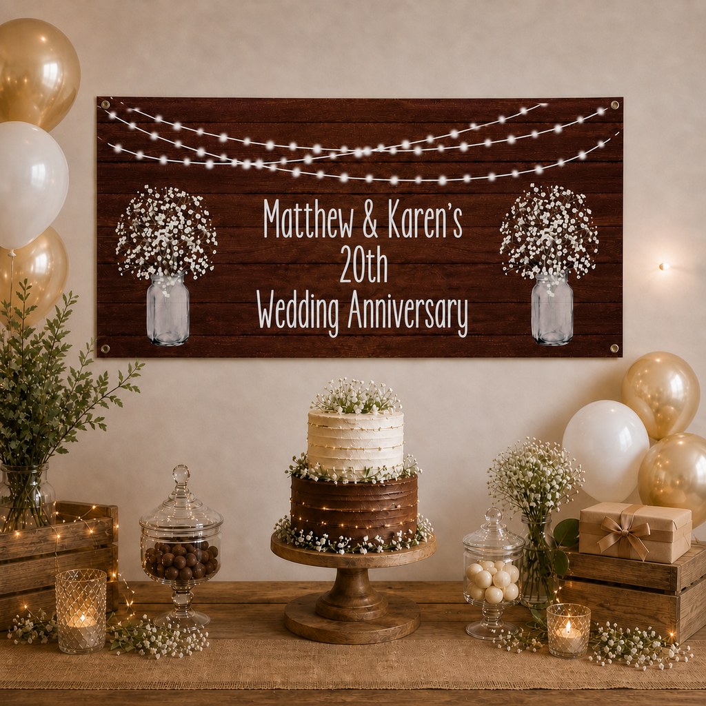 Rustic Timber & Fairy Lights Wedding Anniversary Decorations with a personalised banner, coordinated cake, baby's breath, warm fairy lights and rustic table styling.