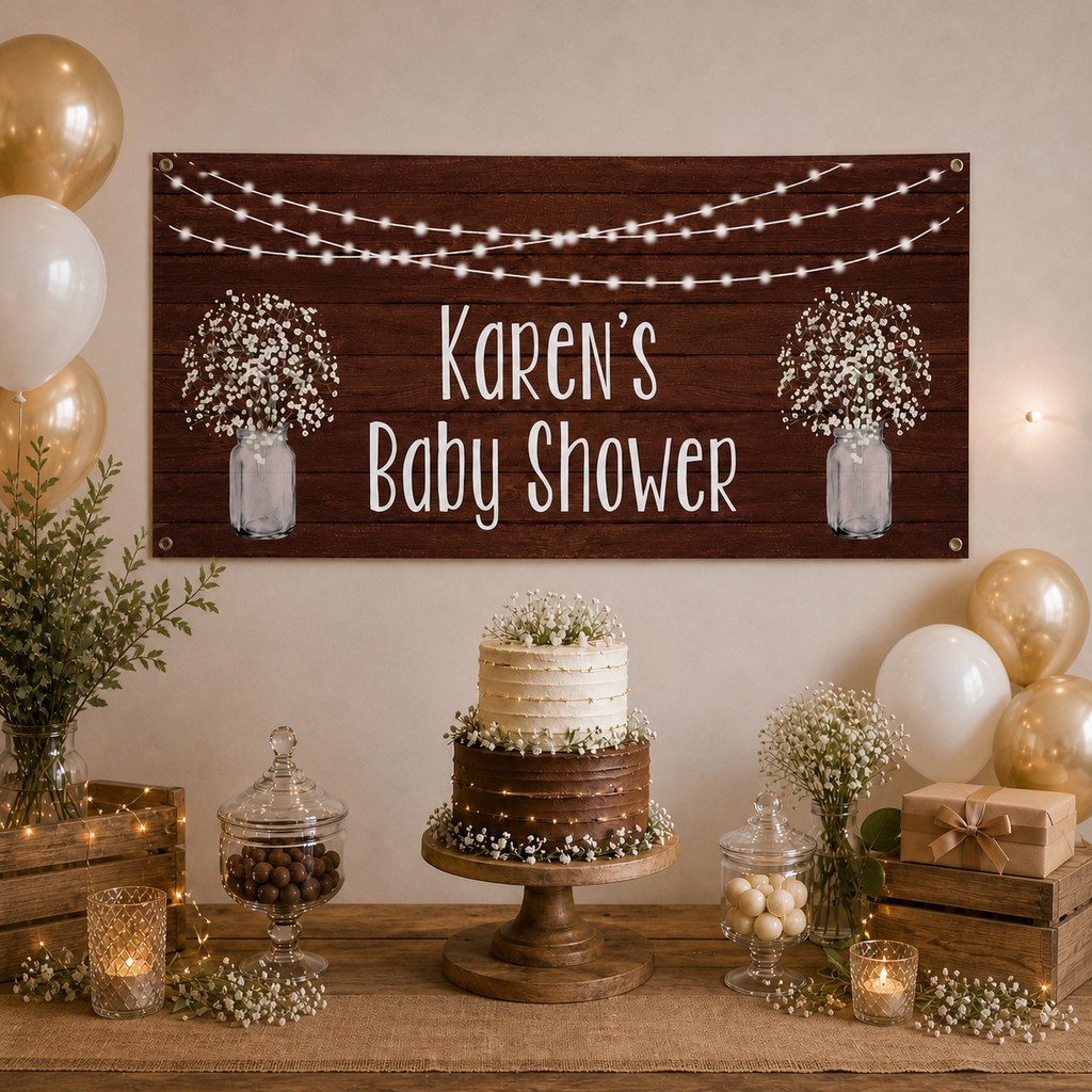 Rustic Timber & Fairy Lights Baby Shower Decorations with a personalised banner, coordinated cake, baby's breath, warm fairy lights and rustic table styling.