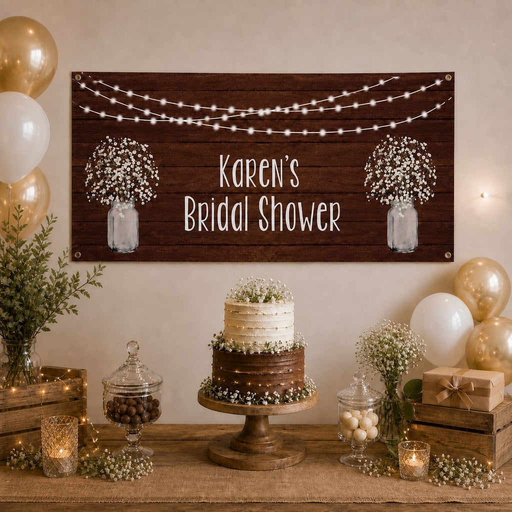 Rustic Timber & Fairy Lights Bridal Shower Decorations with a personalised banner, coordinated cake, baby's breath, warm fairy lights and rustic table styling.