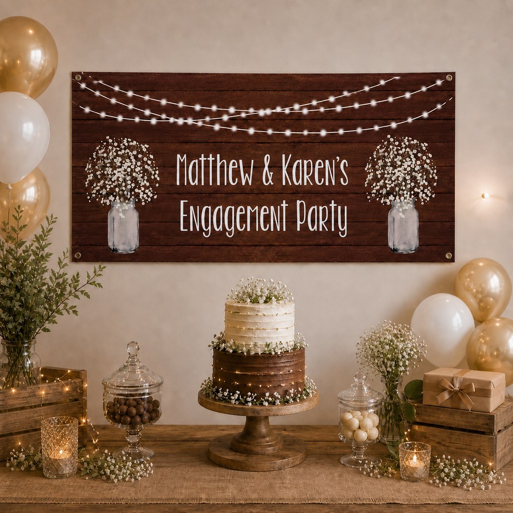 Rustic Timber & Fairy Lights Engagement Party Decorations with a personalised banner, coordinated cake, baby's breath, warm fairy lights and rustic table styling.
