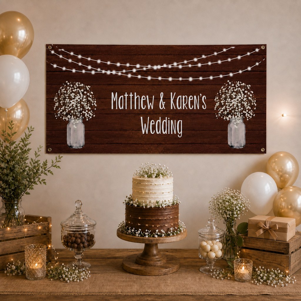 Rustic Timber & Fairy Lights Wedding Decorations with a personalised banner, coordinated cake, baby's breath, warm fairy lights and rustic table styling.